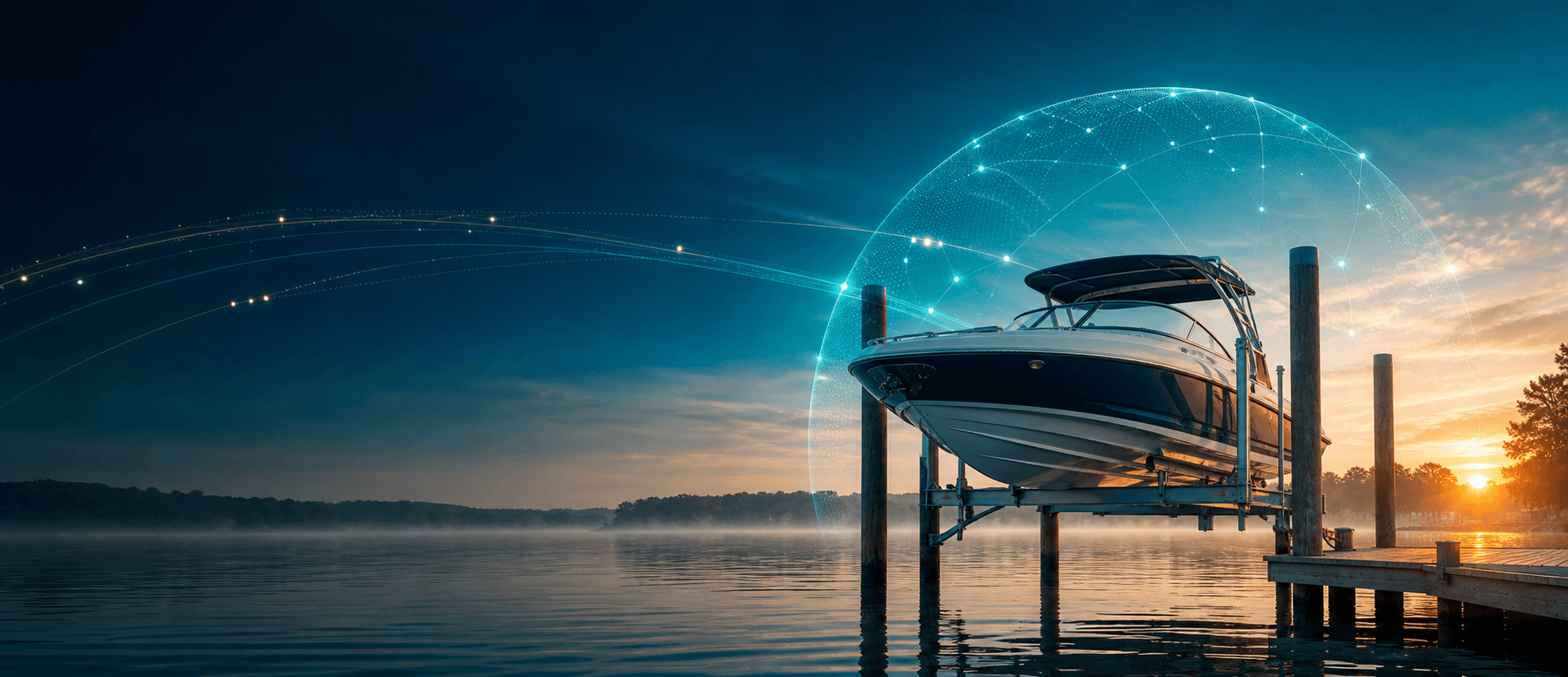 Boat at a dock illustrating connected boat lift access
